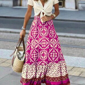 Hot Pink Boho Women's Colorblock Floral Print Ruffle Hem Skirt Maxi Outfit